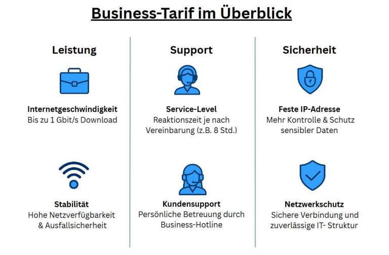 Infografik zum Business-Internet-Tarif: Überblick über Leistung, Support und Sicherheit mit passenden Icons.