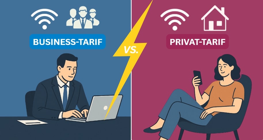 Illustration eines Vergleichs zwischen Business-Tarif und Privat-Tarif: Links sitzt ein Geschäftsmann im Anzug an einem Laptop, über ihm ein WLAN-Symbol und ein Icon für ein Team, mit der Beschriftung „Business-Tarif“. Rechts sitzt eine Frau entspannt auf einem Sessel und nutzt ihr Smartphone, darüber ein WLAN-Symbol und ein Haus-Icon mit der Beschriftung „Privat-Tarif“. In der Mitte trennt ein gelber Blitz beide Bereiche.