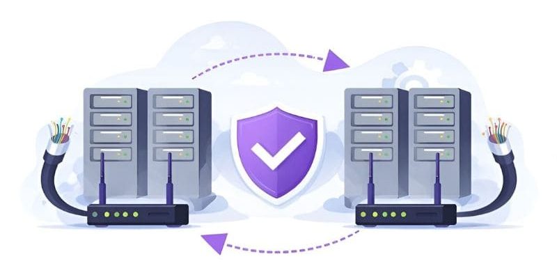 Redundanz bzw. Backup Internet und Ausfallsicherheit visualisiert durch 2 Modems uns Servern, die eine Synergie bilden