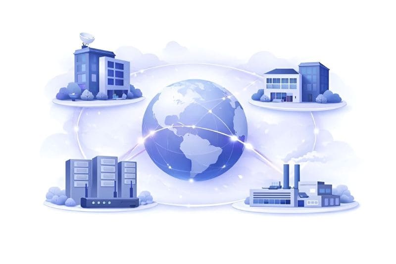 Standortvernetzung für Unternehmen, visualisiert mit einem Globus und Unternehmensstandorten rundherum platziert