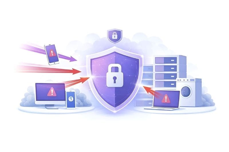 DDoS Protection, visualisiert durch mehrere elektronische Geräte, die auf einen Server zugreifen wollen, wo jedoch ein Schild mit einem Schloss vor ist