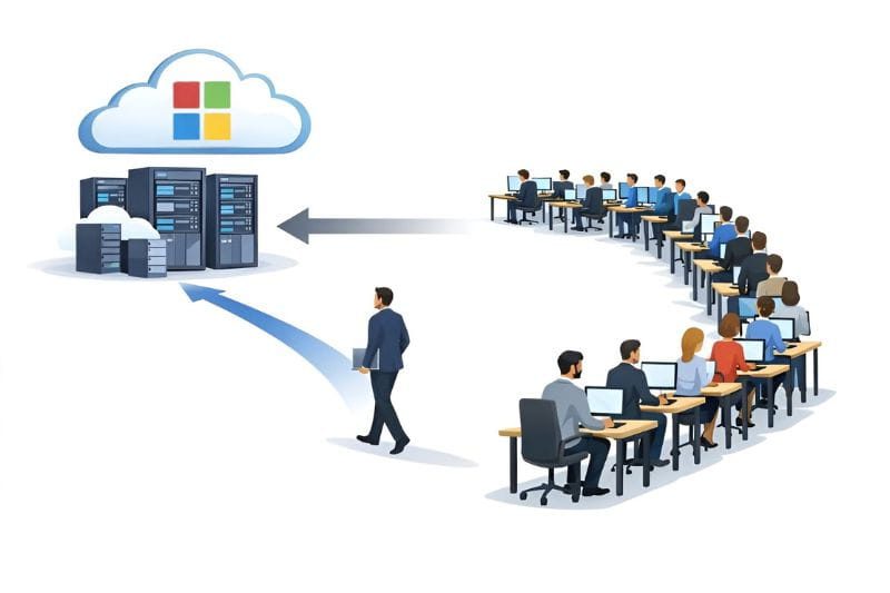 Volle Warteschlange zu Microsoft Servern, daneben läuft ein Mann mit Cloud Prio an der Schlange vorbei ohne sich anzustellen