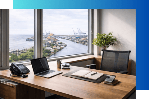 Glasfaser im Büro in Hamburg, Ansicht des Büros mit Aussicht auf Hamburger Hafen